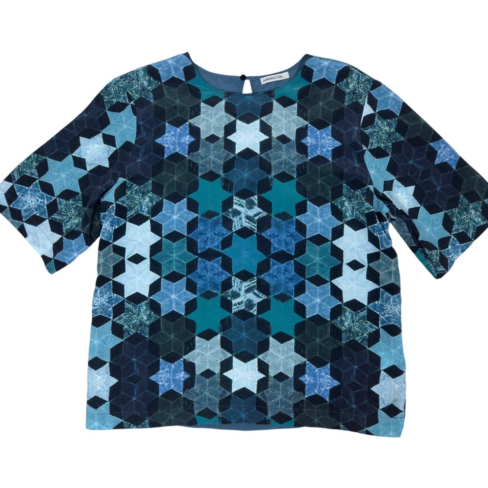 Emma Cook Estelle Tee‎ Women 12 Blue Silk Geometric Star Mosaic Short Sleeve Top